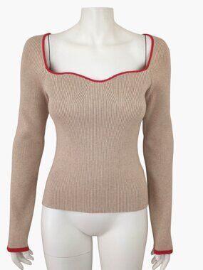 Idem Ditto Taupe Rib Knit Long Sleeve Top Womens M Sweetheart Neckline Red Trim
